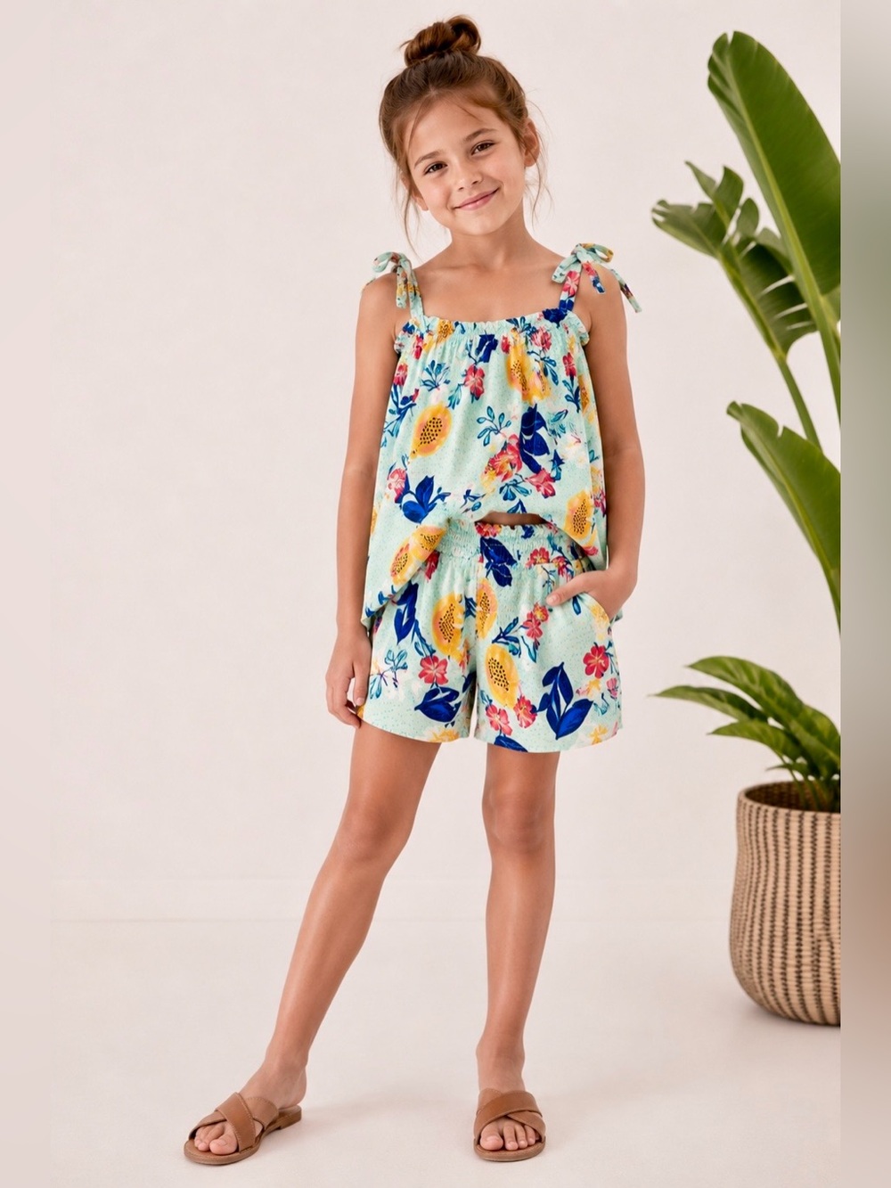 Tea Collection Light Aqua Tropical Fruit Print Matching Shorts Set